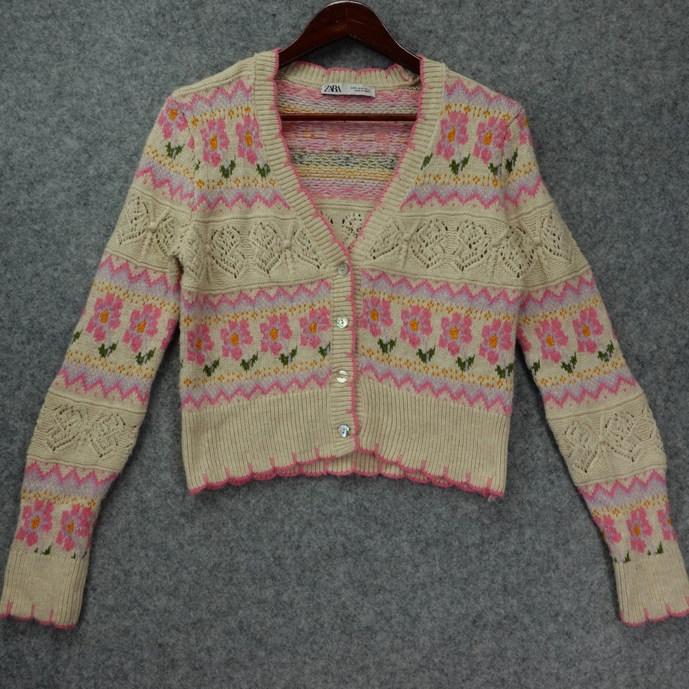 Cottage Fairy Crop Cardigan Sweater ZARA Women SMALL Pink Cream Floral Fair Isle